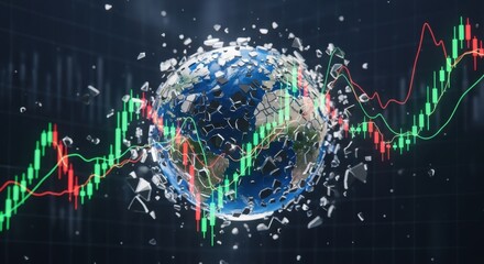 Global market volatility shown with shattered world and dynamic stock chart overlays for finance, investment, and economic analysis concepts