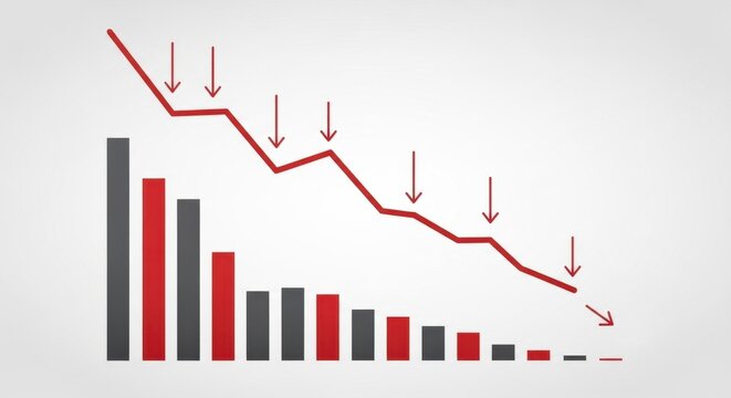 Dramatic financial losses shown with a red line graph plummeting downwards and grey and red bar graph decreasing, indicating economic recession fear