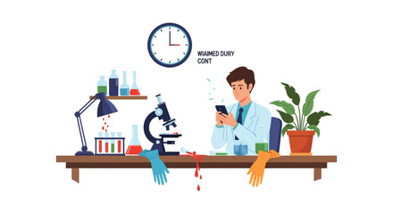 Scientists Distracted Moment Amidst Laboratory Chaos and Experiment Spills.