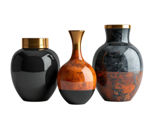 Three elegant vases in dark colors and gold accents