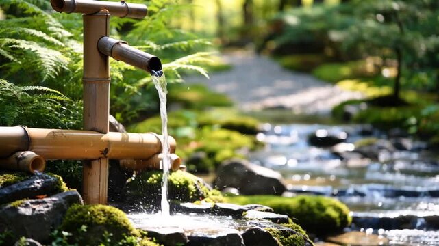 Traditional bamboo water feature splashing into a pool in a peaceful garden.