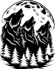 SVG skull tattoo design in a Halloween dark warrior style. Three Howling Wolves Silhouette Under Full Moon with Pine Trees