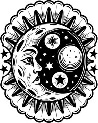 SVG skull tattoo design in a Halloween dark warrior style. Celestial Moon and Sun Illustration with Stars and Planets Design