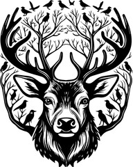 SVG skull tattoo design in a Halloween dark warrior style. Majestic Deer Head with Birds and Trees in Black and White Art