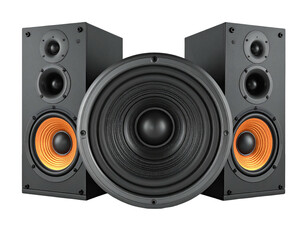 Fototapeta premium Three black speakers with orange cones