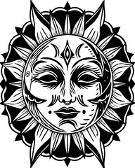 SVG skull tattoo design in a Halloween dark warrior style. Artistic Sun and Moon Design with Intricate Line Work and Patterns