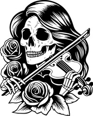 SVG skull tattoo design in a Halloween dark warrior style. Elegant Skeleton Woman Playing Violin Surrounded by Roses Design