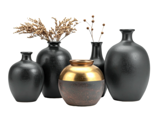 Group of dark vases with dried plants