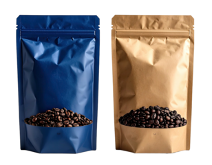 Two coffee bags, one blue and one kraft paper