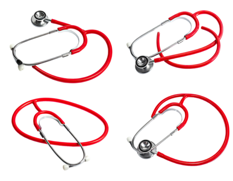 Four red stethoscope views on black background - Powered by Adobe