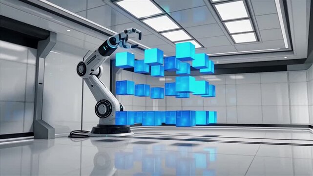 Futuristic robotic arm manipulating glowing blue data cubes in a sterile tech lab