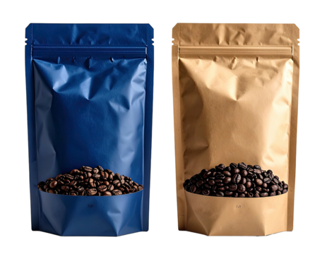 Two coffee bags, one blue and one kraft paper