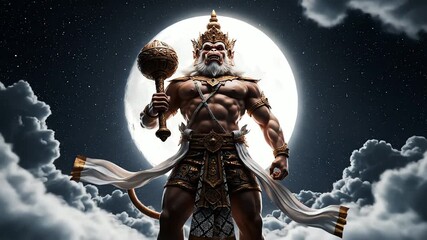 powerful hanuman deity under celestial full moon - Powered by Adobe