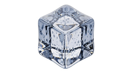 A clear ice cube with internal bubbles sits on a black background