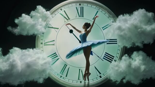 Ballerina on pointe, poised against a clockface in clouds