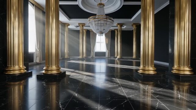 Luxurious Grand Hall with Golden Pillars, Reflective Black Marble, and Chandelier