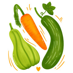 Cute Vector Illustration of Cucumber, Carrot, and Chayote Vegetables