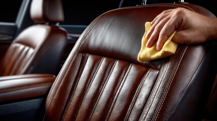 A person cleaning a dark brown leather car seat with a yellow cloth inside a vehicle.