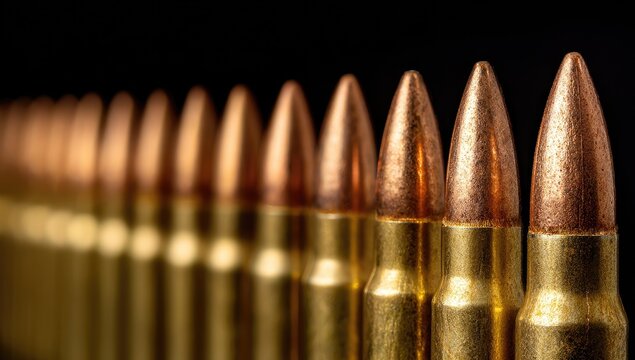 Close-up view of several bullets lined up, with a focus on the first few, against a dark background