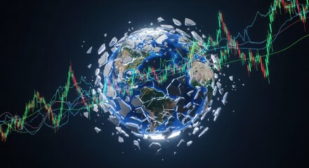 Global market volatility with shattering earth and stock charts depicts financial crisis and economic downturn with worldwide impact, investment risk