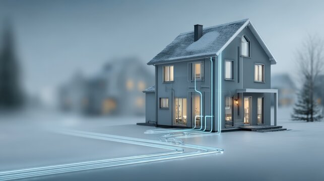 A modern house with illuminated interiors connected to a network of glowing pipelines, set in a snowy environment with a blurred background. - Powered by Adobe