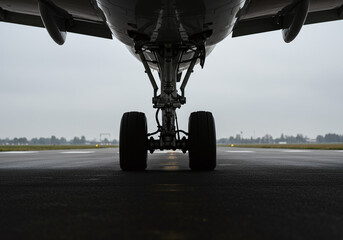 Underside view of airplane landing gear on airport runway close up