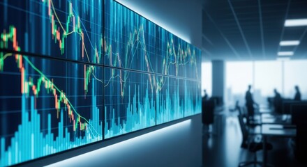 Dynamic stock market data displayed across a vibrant video wall in a modern office, offering insights for financial analysis and strategic business decisions