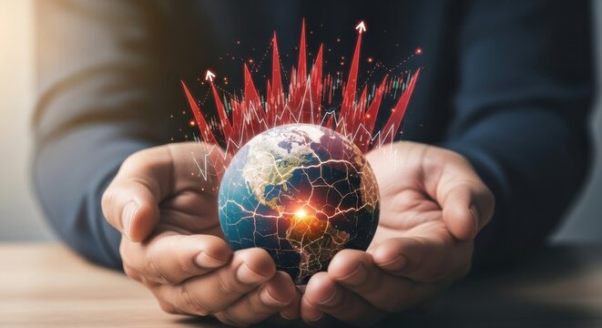 Growing global economy shows upward trends in hands, visualize success, financial growth concept, investment strategy, stock market analysis, global commerce