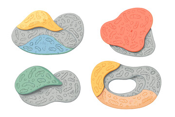 Set of 3D microbiome elements. Abstract vector template for presentation. Volumetric curvy shapes with microbiota, bacteria, and probiotics pattern for science background.