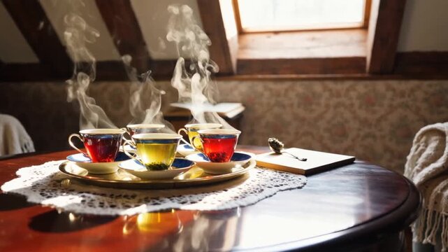 Warm Teatime Scene with Steaming Cups in a Rustic Attic Setting