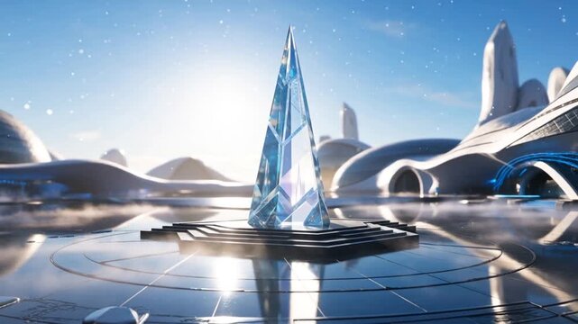 Gleaming crystal obelisk centerpiece in an advanced arctic metropolis