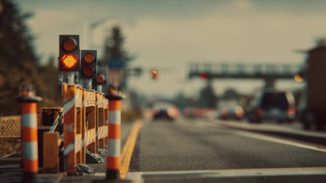 Roadside construction zone with a flashing yellow arrow traffic signal and safety barrels lining the asphalt, guiding cars through the detour with out of focus vehicle traffic in the background
