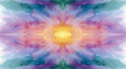 Vibrant symmetrical watercolor bloom radiating warm and cool colors in a kaleidoscope pattern