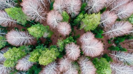 Aerial view of trees shedding their last leaves in late autumn, brown leaves scattered on the forest floor, bare branches 