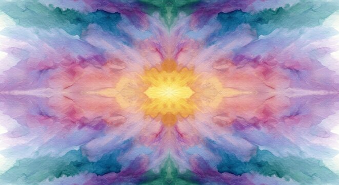 Vibrant symmetrical watercolor bloom radiating warm and cool colors in a kaleidoscope pattern