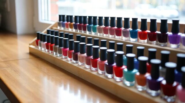 A colorful array of nail polish bottles neatly displayed on a wooden tiered rack