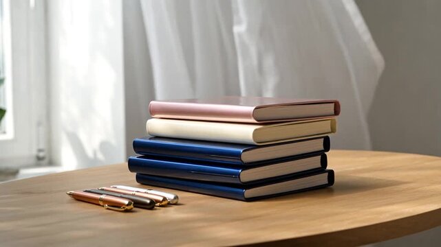 Elegant stack of rose gold, cream, and blue notebooks with pens on a wooden table