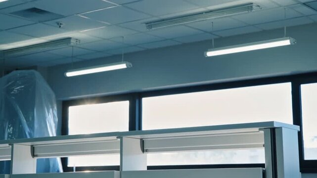 Empty modern science laboratory with various glassware on a brightly lit workbench