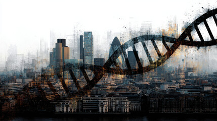 Obraz premium Synthetic life creation intertwines with modern city skyline, showcasing fusion of technology and nature in urban environment