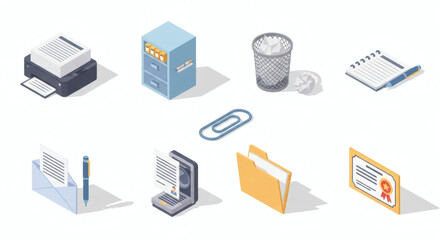 Fototapeta premium Isometric Office Essentials A Comprehensive Icon Collection for Business Productivity, Document Management, and Workplace Organization Solutions