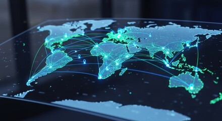 Visualize global connections with this modern world map highlighting network routes and vibrant data points for business and technology presentations