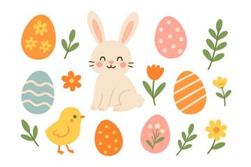 Obraz premium Cute Easter elements collection. Vector flat hand drawn illustration set with rabbit, chick, decorated eggs, and spring flowers. Holiday design pack for greeting cards.