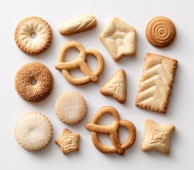 Assorted butter cookies, variety of shapes and textures, arranged on a white surface