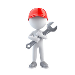 3D handyman figure with wrench on transparent background