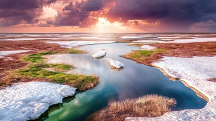 Birdâ€™s-eye view of a tundra slowly thawing in early spring, brown and green patches appearing through melting snow