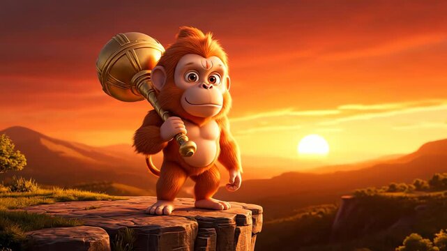 cartoon hanuman holding mace against sunset sky