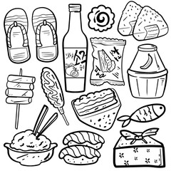 hand drawn Japanese culture clean black and white outline perfect for a coloring book or cultural design projects. icons like Fuji, lucky cat, Onigiri, Taiyaki , Kokeshi doll, bell, and a tea bowl.