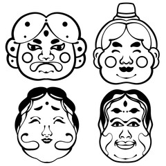 hand drawn Japanese culture clean black and white outline perfect for a coloring book or cultural design projects. icons like Fuji, lucky cat, Onigiri, Taiyaki , Kokeshi doll, bell, and a tea bowl.