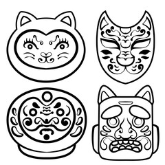 hand drawn Daruma and Evil mask angry japanese Yokai illustration. Japanese culture clean black and white outline perfect for a coloring book or cultural design projects.