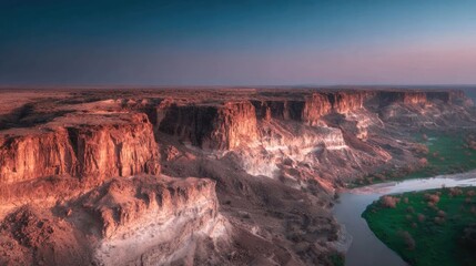 Drone shot of a canyon in summer dryness, cracked earth, sun-bleached tones, minimal vegetation, heat haze visible 